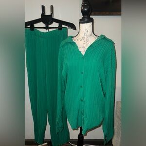Green Women's Pants & Button Down Set
